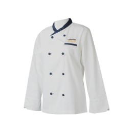 KI111  製造女廚師制服   個人設計長袖撞色領 撞色鈕雙排繡花LOGO廚師制服  主題公園  西式餐廳  廚師制服供應商   合身廚師大衣    烹飪制服 KI111  製造女廚師制服   個人設計長袖撞色領 撞色鈕雙排繡花LOGO廚師制服  主題公園  西式餐廳  廚師制服供應商   合身廚師大衣    烹飪制服